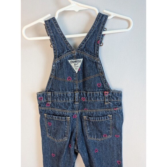 OshKosh B'gosh Overall Bibs Pink Hearts Denim 12 Months Blue Baby Toddler Girl - Picture 9 of 11
